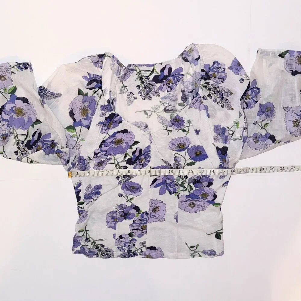 Anthropologie Purple White Floral Ruched Balloon Sleeve Top Cotton Knit Boho M